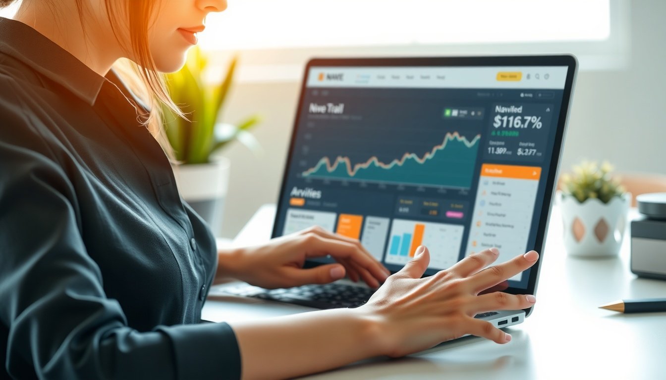 네이버 디스플레이 광고 - Korean woman upper body shot with face visible, analyzing blog traffic and naver display advertising revenue on laptop screen, natural hands, bright office environment