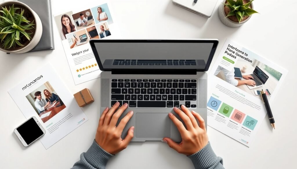 미리캔버스 수익 - flat lay of laptop and design templates on white desk, Miricanvas income generation concept, overhead view