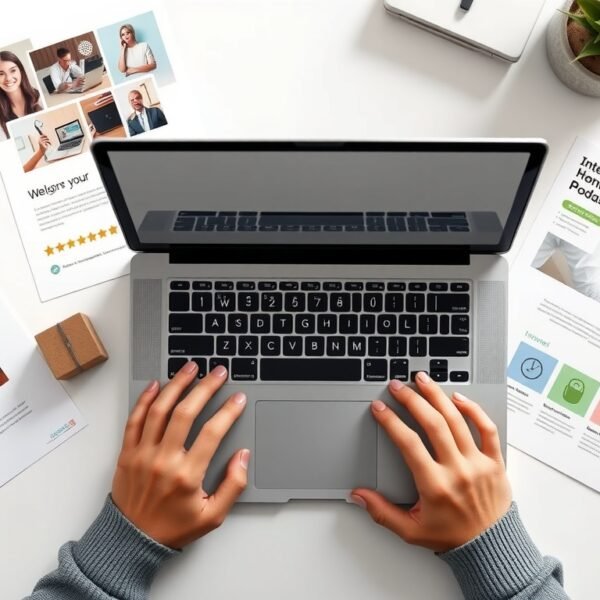 미리캔버스 수익 - flat lay of laptop and design templates on white desk, Miricanvas income generation concept, overhead view