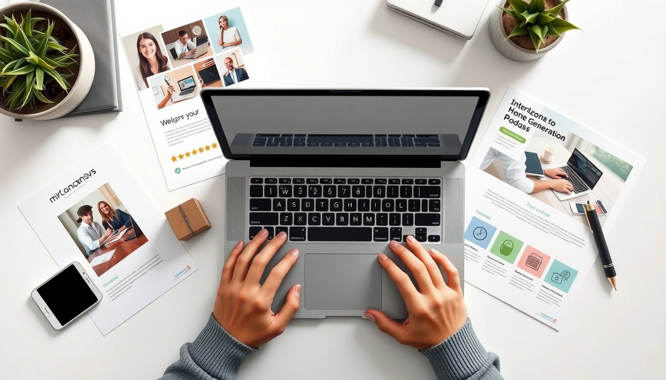 미리캔버스 수익 - flat lay of laptop and design templates on white desk, Miricanvas income generation concept, overhead view