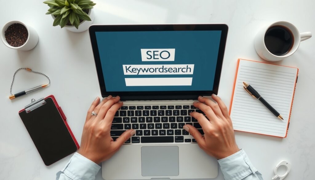 키워드조합기 - flat lay of laptop and notebook with keyword research concept, SEO keyword combination tool on screen, overhead view