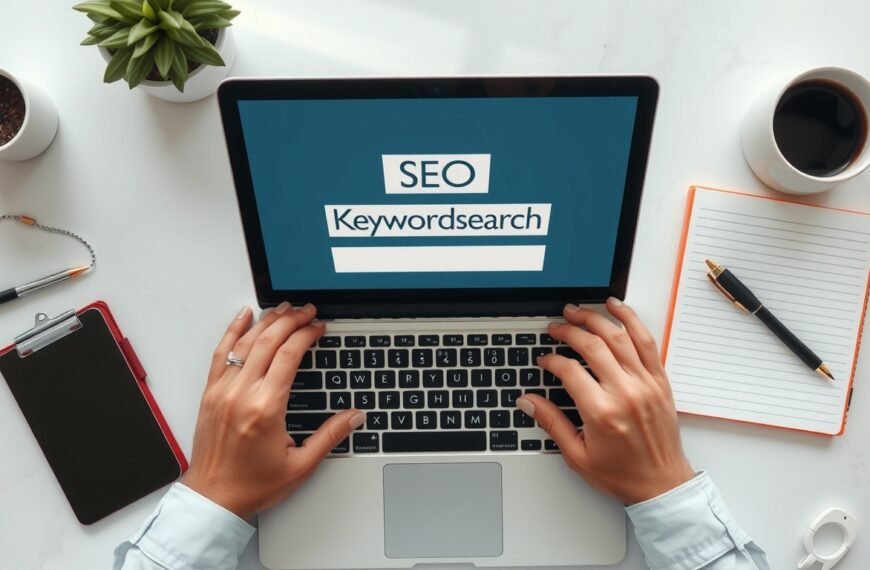 키워드조합기 - flat lay of laptop and notebook with keyword research concept, SEO keyword combination tool on screen, overhead view