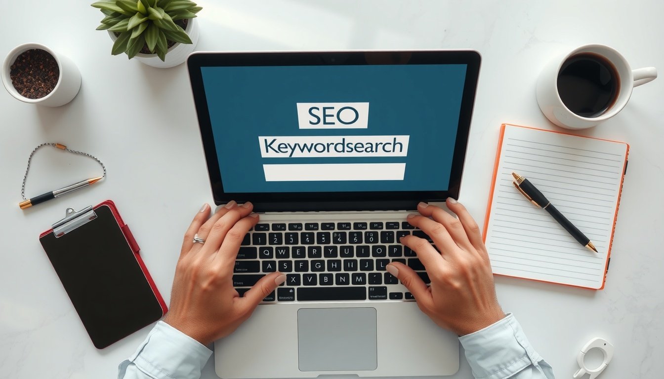 키워드조합기 - flat lay of laptop and notebook with keyword research concept, SEO keyword combination tool on screen, overhead view