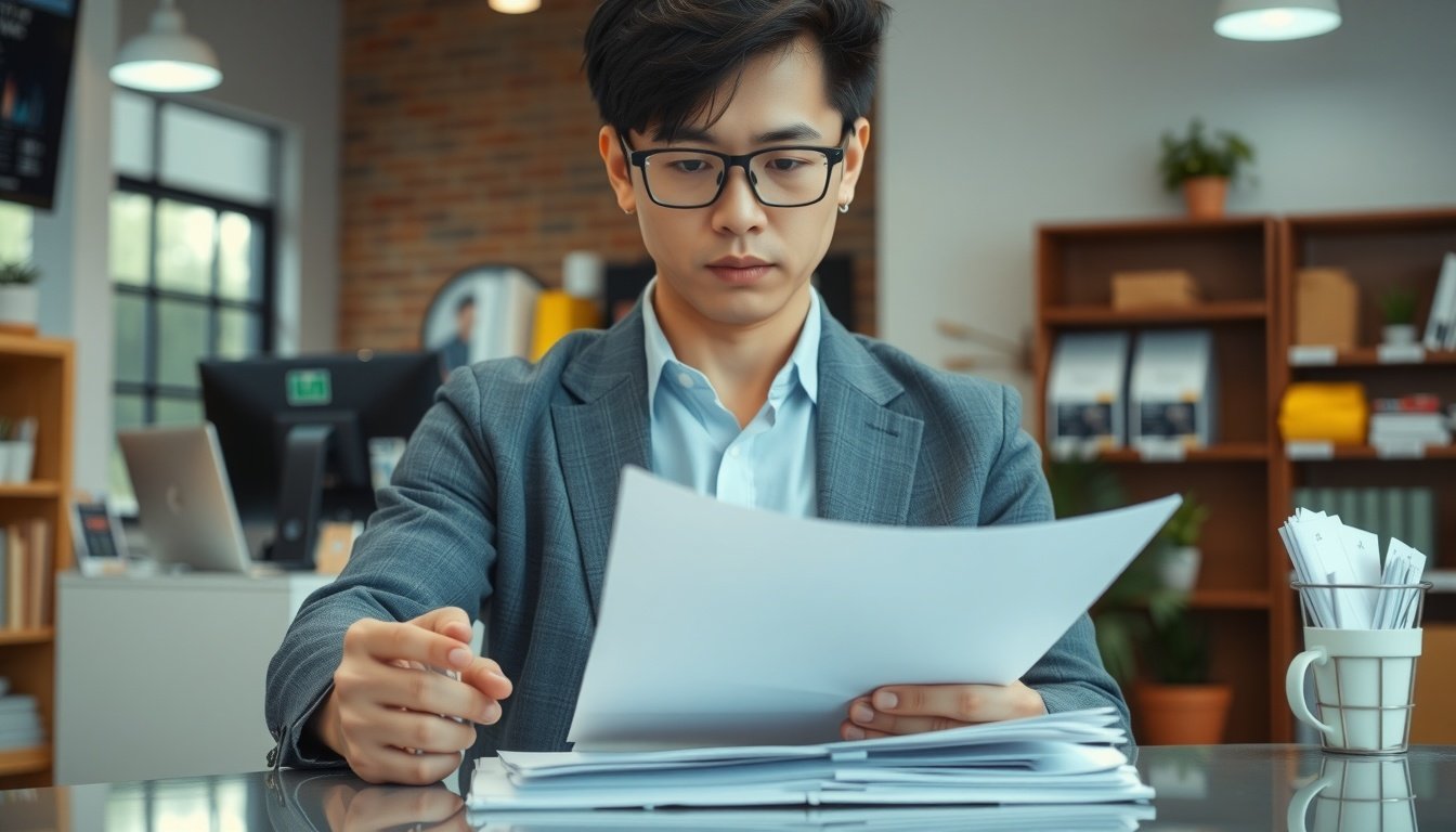 자영업자 지원금 지원금 - Korean small business owner upper body shot with face visible, reviewing financial documents at shop counter, natural hands, government support grant concept