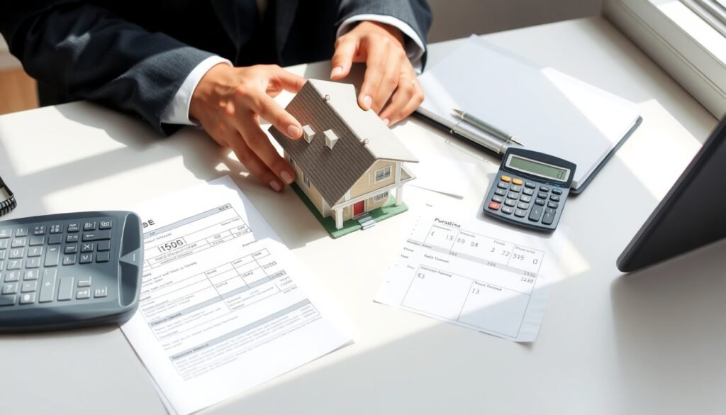 부동산 대출계산기 - flat lay of house model, calculator, and loan documents on white desk, real estate mortgage calculator concept