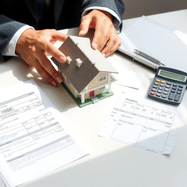 부동산 대출계산기 - flat lay of house model, calculator, and loan documents on white desk, real estate mortgage calculator concept