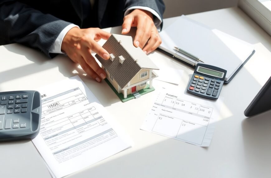 부동산 대출계산기 - flat lay of house model, calculator, and loan documents on white desk, real estate mortgage calculator concept