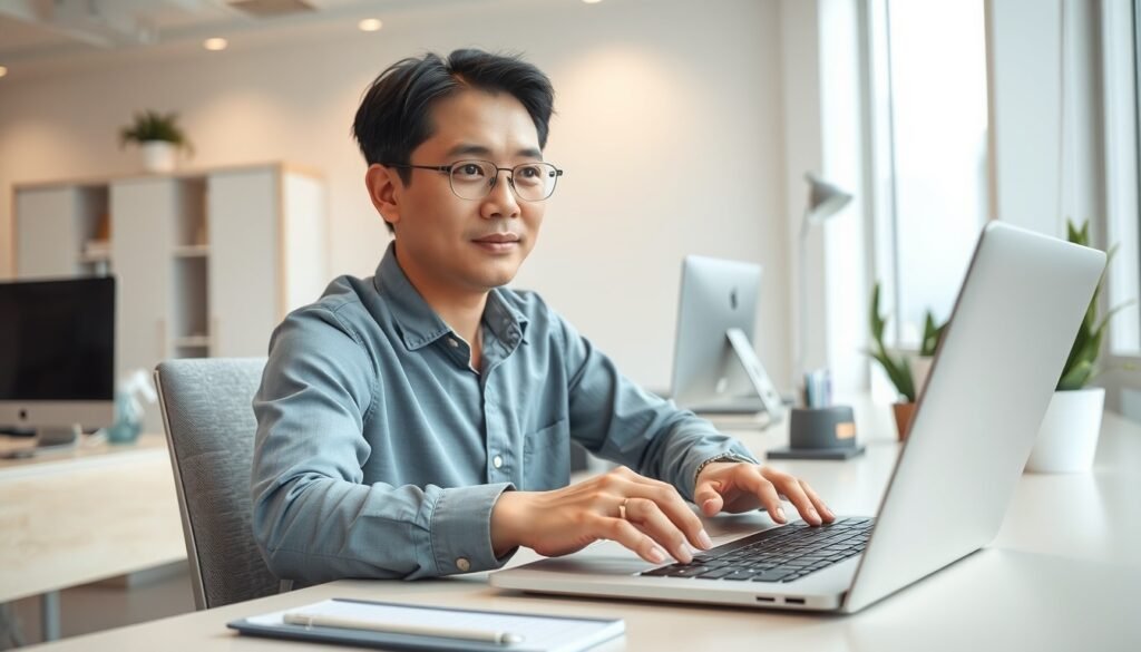 구글챗GPT 직장인 부업 활용법 - Korean office worker upper body shot with face visible, using ChatGPT and Google AI tools on laptop at desk, natural hands, professional office environment