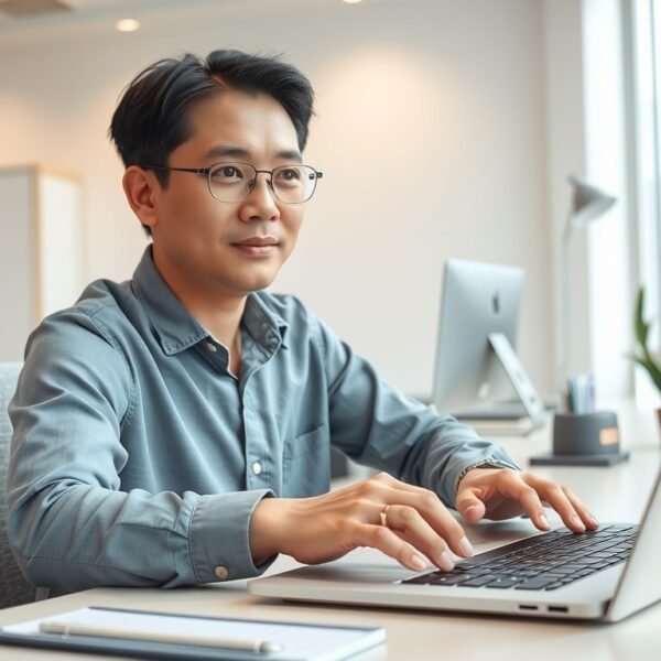 구글챗GPT 직장인 부업 활용법 - Korean office worker upper body shot with face visible, using ChatGPT and Google AI tools on laptop at desk, natural hands, professional office environment