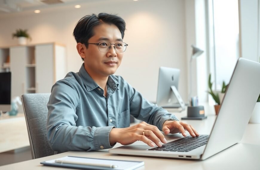구글챗GPT 직장인 부업 활용법 - Korean office worker upper body shot with face visible, using ChatGPT and Google AI tools on laptop at desk, natural hands, professional office environment