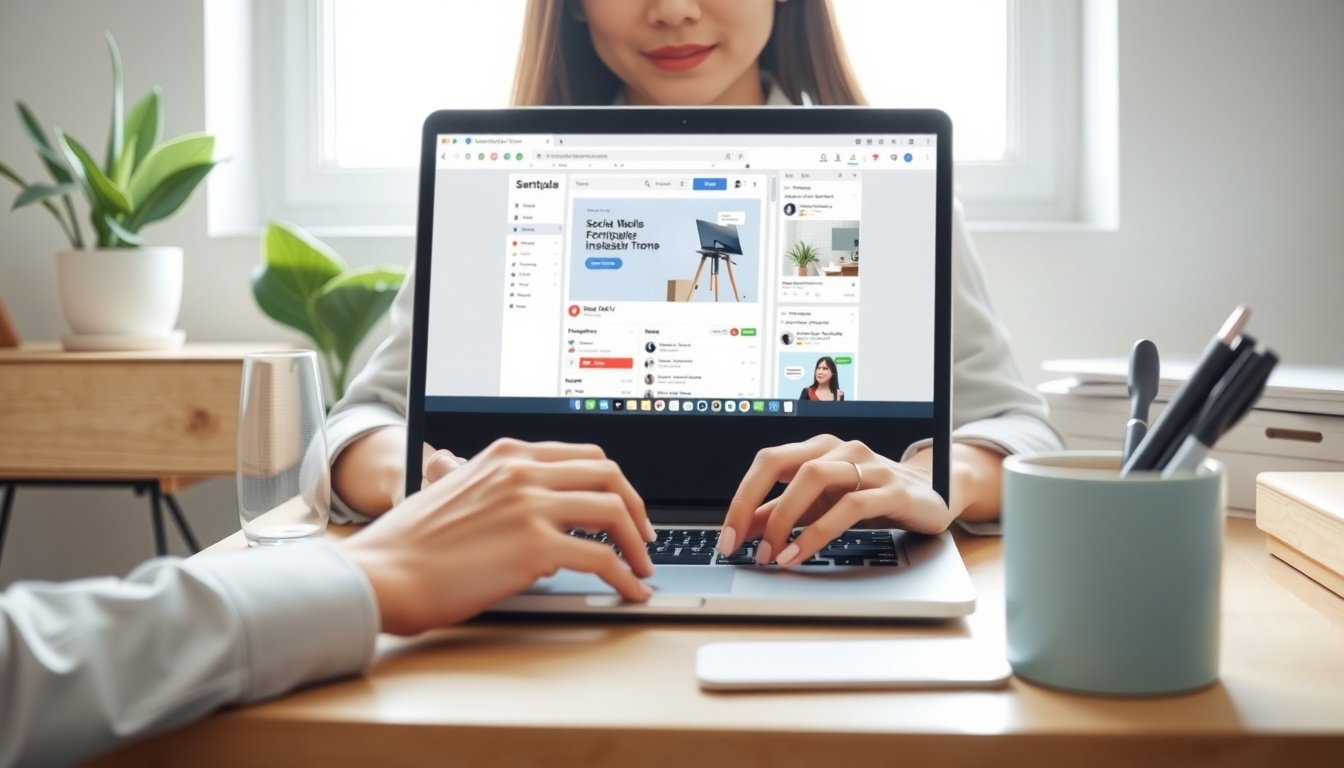 미리캔버스 수익 - Korean woman upper body shot with face visible, designing social media template on laptop screen with Miricanvas interface, natural hands, bright workspace