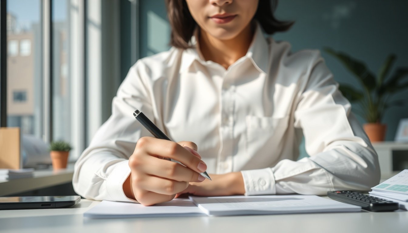청년 창업 지원금 지원금 - Korean young entrepreneur upper body shot with face visible, filling out startup support application form at desk, natural hands