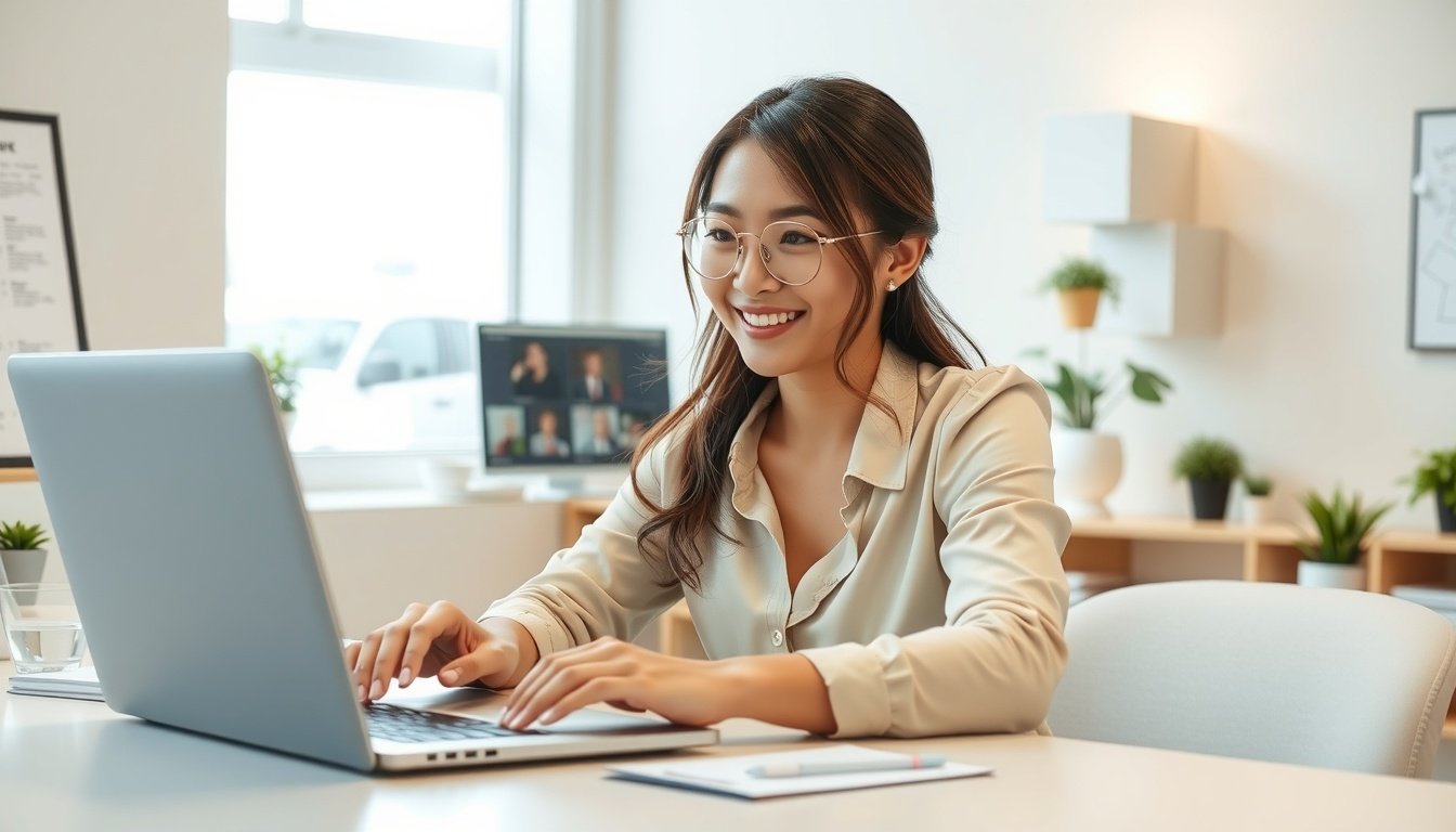 챗지피티 무료 유료 차이 - Korean professional woman upper body shot with face visible, smiling while working on laptop at desk, natural hands, ChatGPT productivity concept