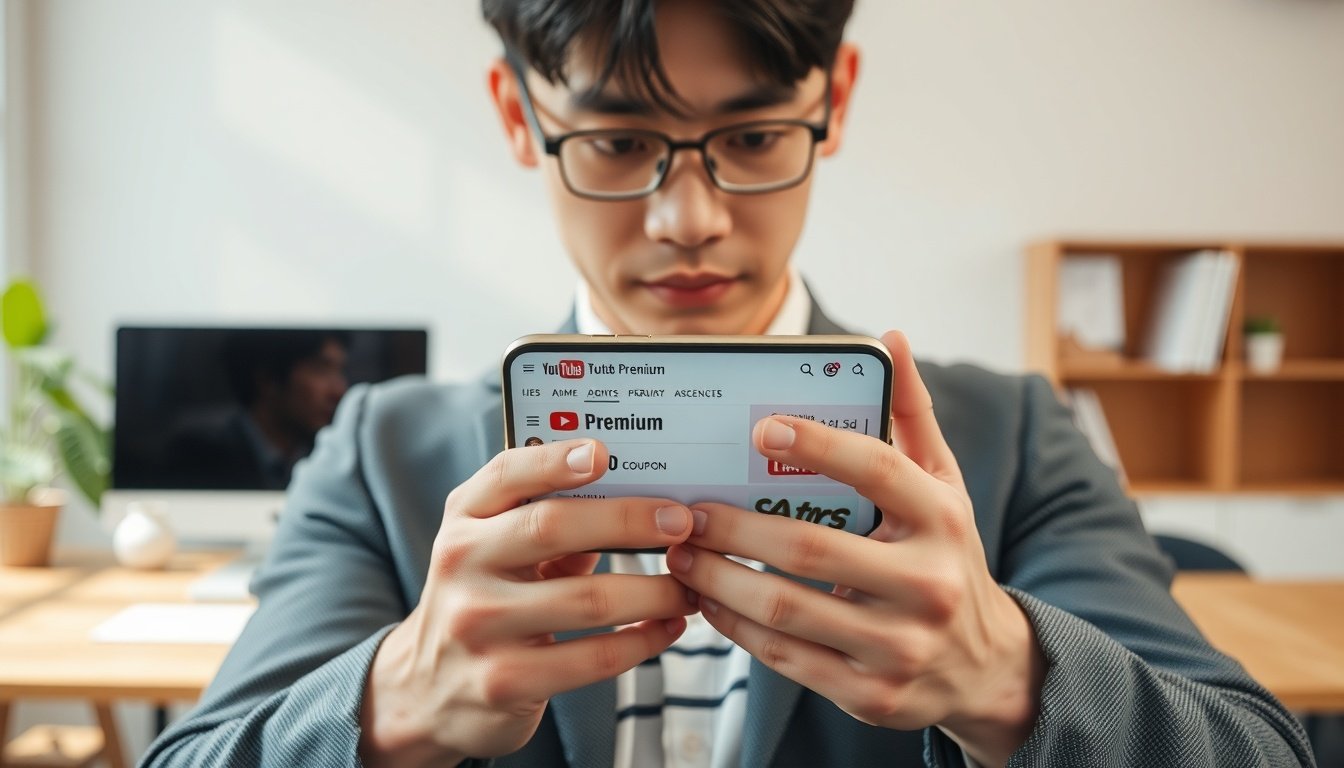 유튜브프리미엄쿠폰 - Korean man upper body shot with face visible, checking YouTube Premium coupon on smartphone screen, natural hands, bright modern background