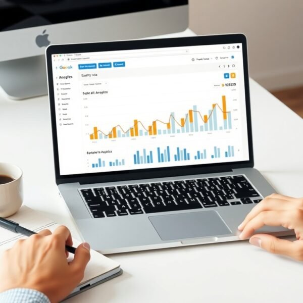 블로그 광고 수익 - flat lay of laptop showing blog analytics dashboard with ad revenue graphs, notebook and coffee cup on white desk, blog advertising income concept