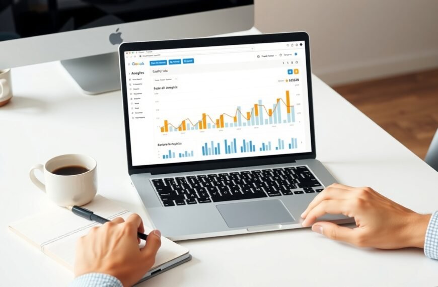 블로그 광고 수익 - flat lay of laptop showing blog analytics dashboard with ad revenue graphs, notebook and coffee cup on white desk, blog advertising income concept
