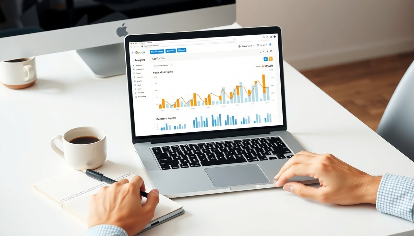 블로그 광고 수익 - flat lay of laptop showing blog analytics dashboard with ad revenue graphs, notebook and coffee cup on white desk, blog advertising income concept