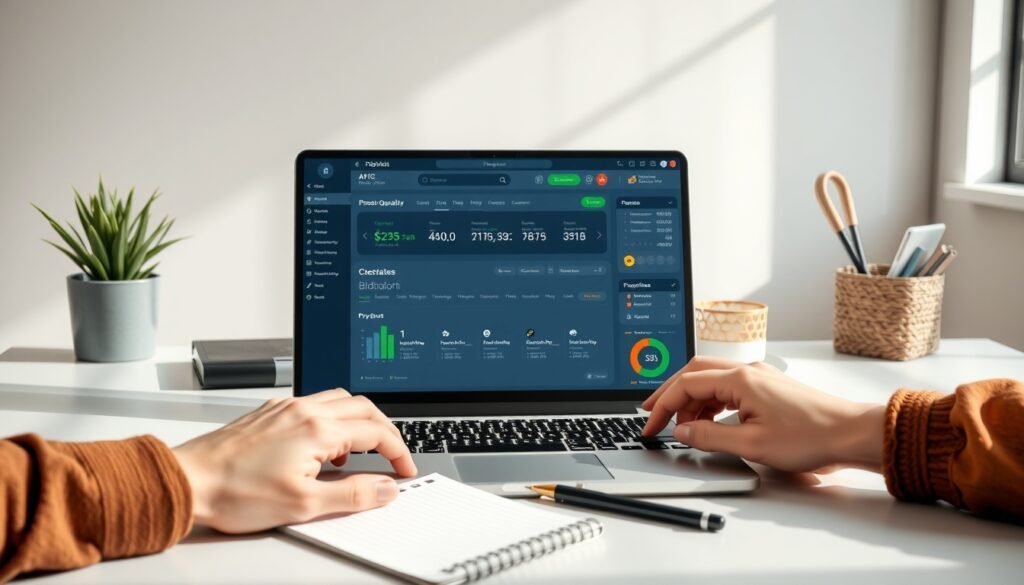 비드폴리오 - flat lay of laptop showing AI proposal generation dashboard, Bidfolio concept, modern desk with notebook and pen