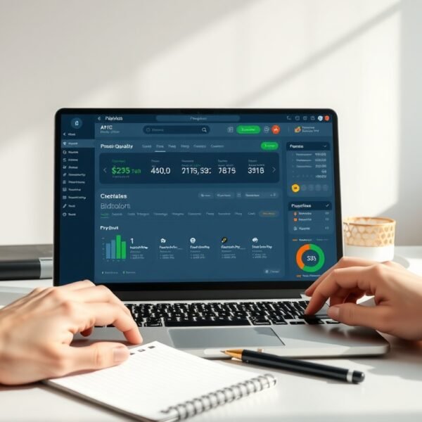 비드폴리오 - flat lay of laptop showing AI proposal generation dashboard, Bidfolio concept, modern desk with notebook and pen
