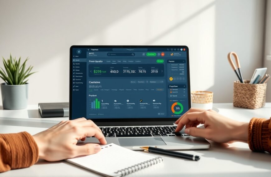 비드폴리오 - flat lay of laptop showing AI proposal generation dashboard, Bidfolio concept, modern desk with notebook and pen