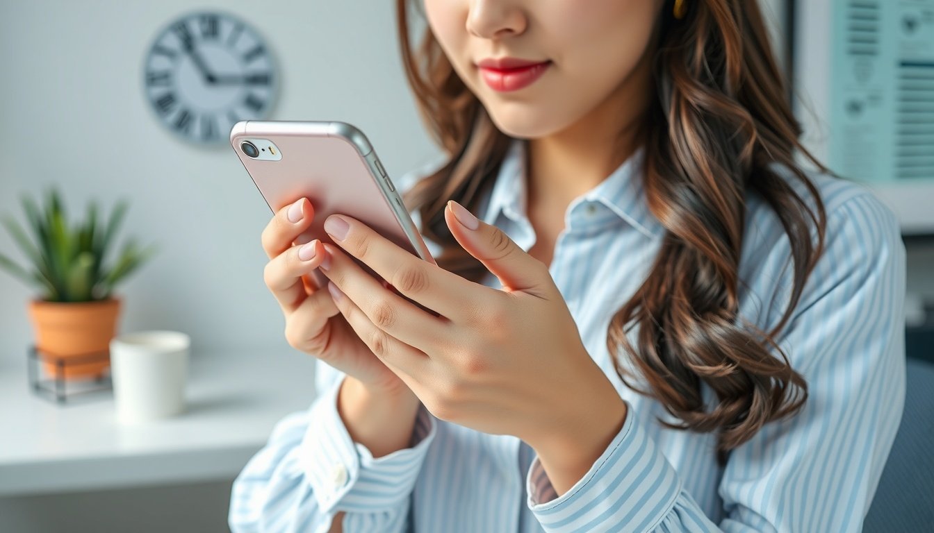 인스타 해시태그 - Korean woman upper body shot with face visible, analyzing Instagram hashtag insights on smartphone, natural hands, bright modern workspace background