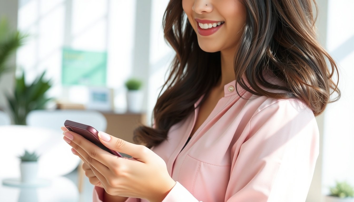 유플러스멤버십 - Korean woman upper body shot with face visible, smiling while using smartphone to check uplus membership benefits in bright indoor setting, natural hands