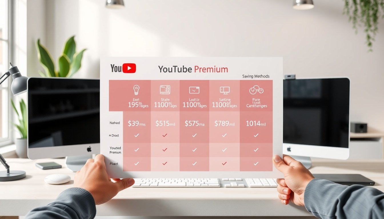 유튜브프리미엄싸게 - infographic showing YouTube Premium price comparison chart with 5 saving methods, flat lay design on white background