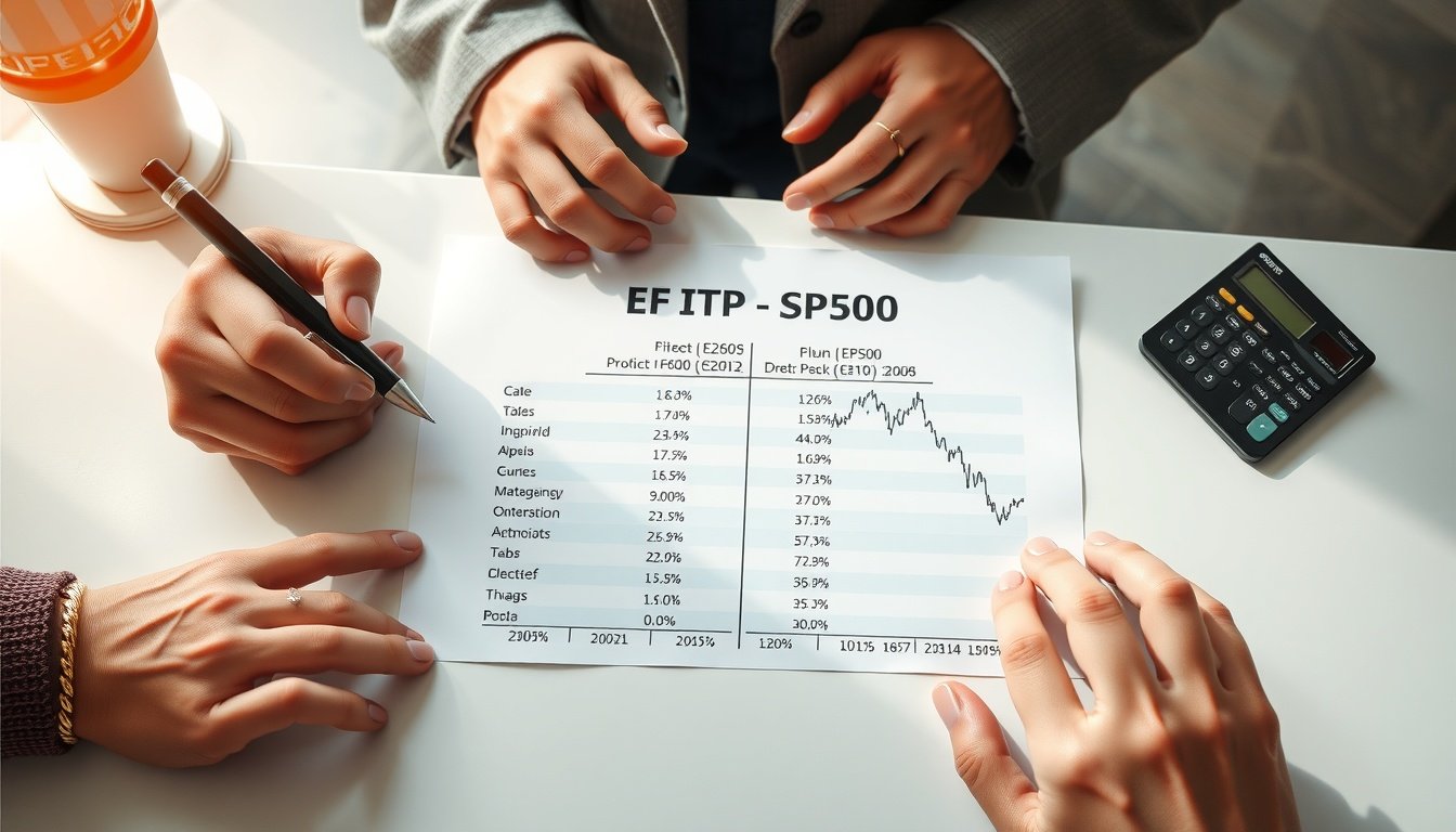 TIGER S&P500 - flat lay comparison chart of S&P500 ETF products on white desk with pen and calculator, investment decision concept