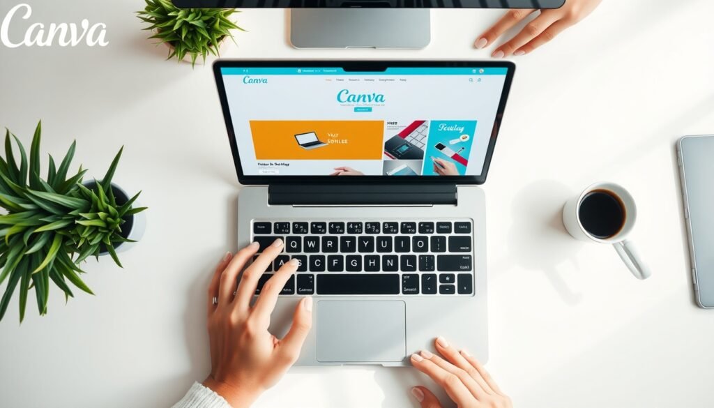 캔바 사용법 강의 - flat lay of laptop screen showing Canva design interface with colorful templates, canva tutorial concept, overhead view