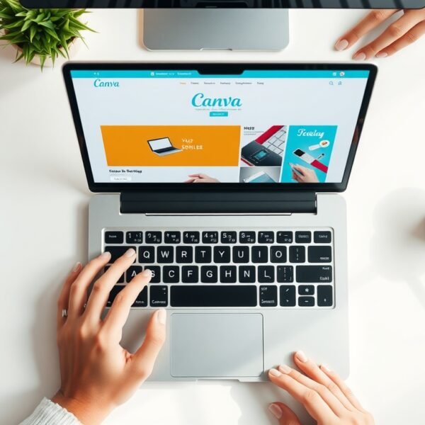 캔바 사용법 강의 - flat lay of laptop screen showing Canva design interface with colorful templates, canva tutorial concept, overhead view