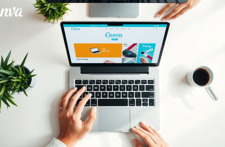 캔바 사용법 강의 - flat lay of laptop screen showing Canva design interface with colorful templates, canva tutorial concept, overhead view