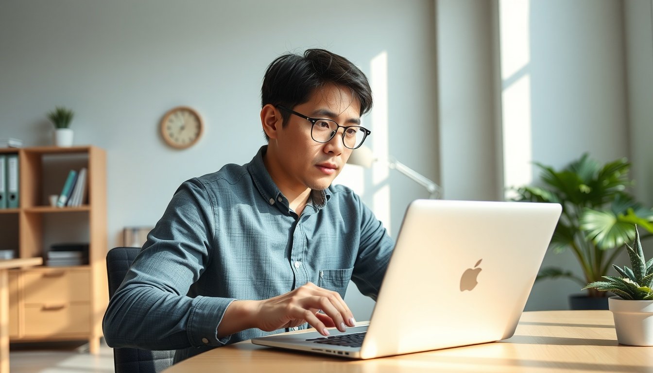 블로그 상위 노출 - Korean male blogger upper body shot with face visible, checking website analytics on laptop screen in modern home office, natural hands
