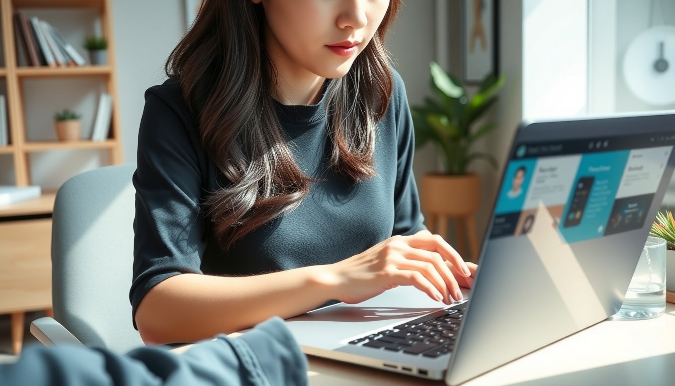 캔바 사용법 초보자 완전 정복 - Korean woman upper body shot with face visible, using Canva on laptop in bright home office, natural hands, beginner design workflow