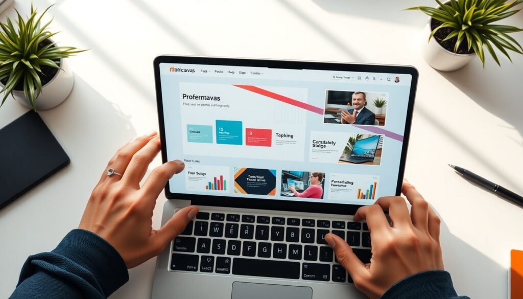 미리캔버스 ppt - flat lay of laptop screen showing Miricanvas PPT template design interface, colorful slides on screen, overhead view