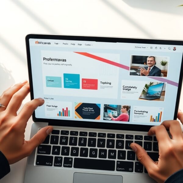 미리캔버스 ppt - flat lay of laptop screen showing Miricanvas PPT template design interface, colorful slides on screen, overhead view