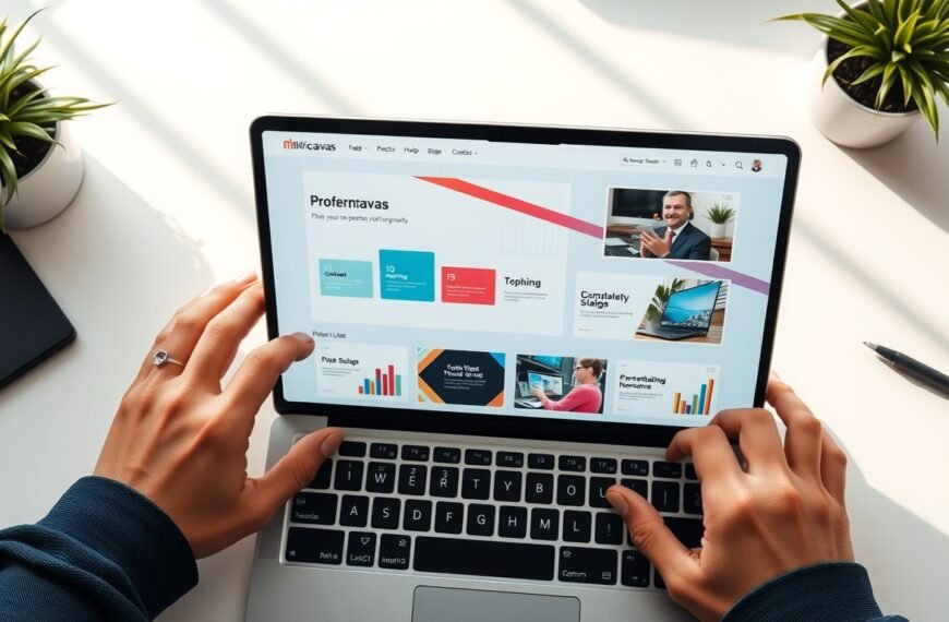 미리캔버스 ppt - flat lay of laptop screen showing Miricanvas PPT template design interface, colorful slides on screen, overhead view