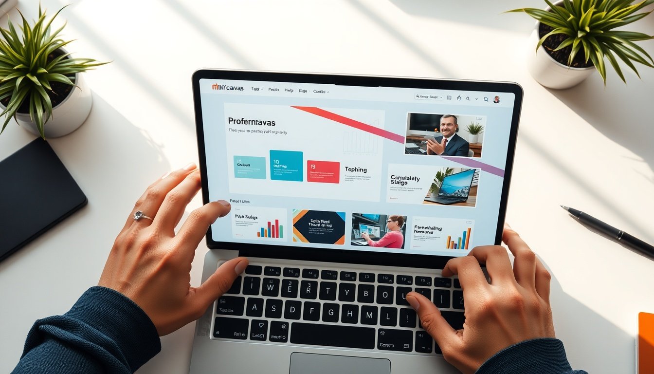 미리캔버스 ppt - flat lay of laptop screen showing Miricanvas PPT template design interface, colorful slides on screen, overhead view