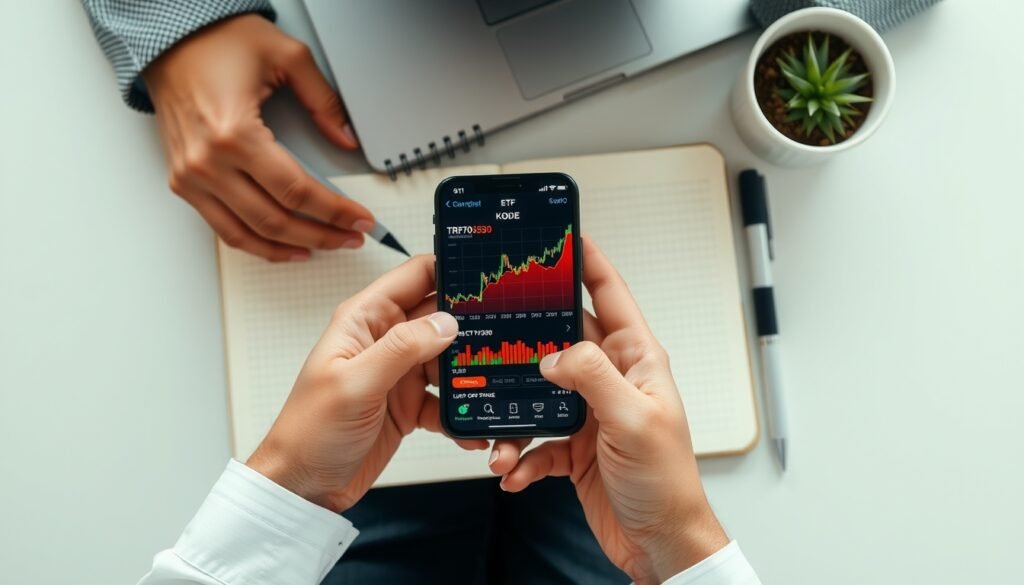KODEX TRF7030 - flat lay of smartphone showing ETF portfolio chart and notebook on white desk, KODEX TRF7030 investment concept, overhead view