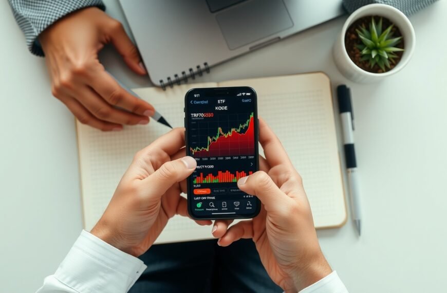 KODEX TRF7030 - flat lay of smartphone showing ETF portfolio chart and notebook on white desk, KODEX TRF7030 investment concept, overhead view