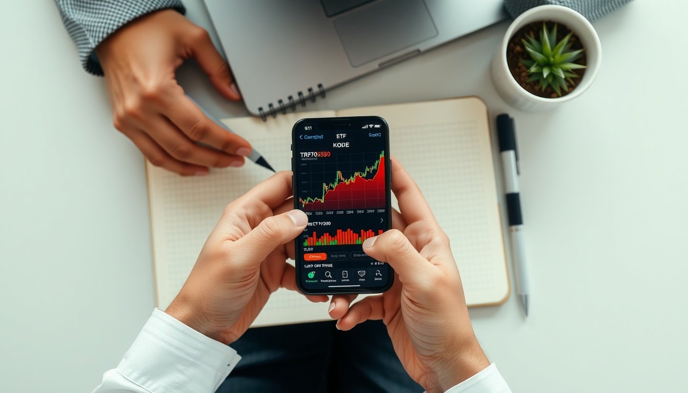 KODEX TRF7030 - flat lay of smartphone showing ETF portfolio chart and notebook on white desk, KODEX TRF7030 investment concept, overhead view