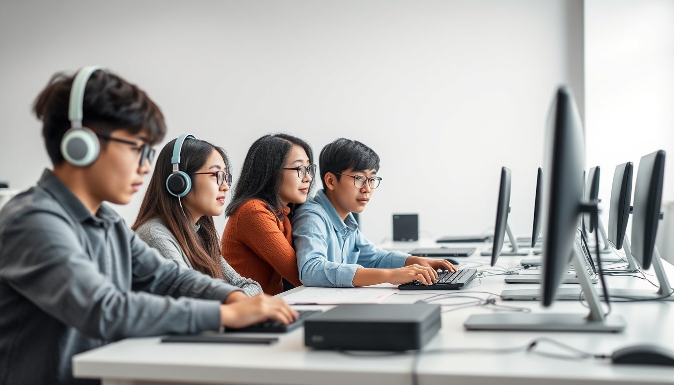Group of young Korean students learning AI programming and game development in a classroom setting