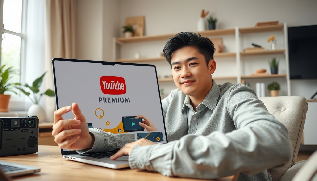 유튜브프리미엄라이트 - upper body shot of Korean man with face visible, comparing YouTube Premium plans on laptop screen at home office, natural hands