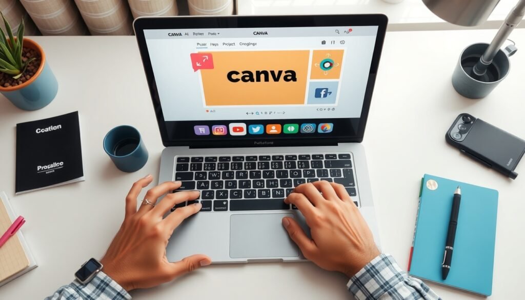 캔바 사용법 포스터 - flat lay of laptop showing Canva poster design interface on screen, with colorful design elements and notebook on white desk