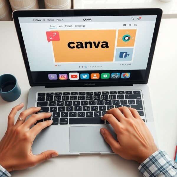 캔바 사용법 포스터 - flat lay of laptop showing Canva poster design interface on screen, with colorful design elements and notebook on white desk