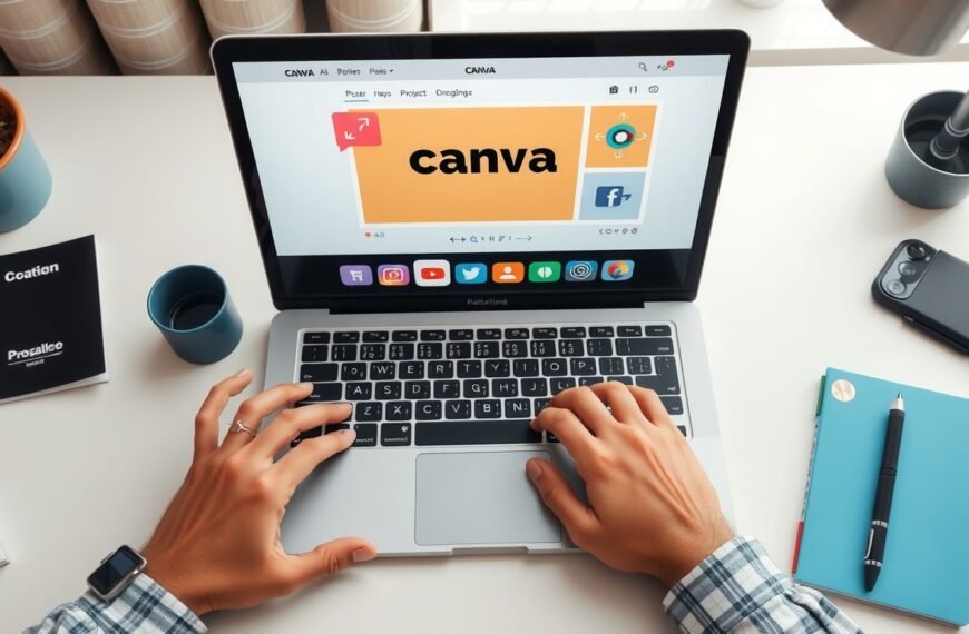 캔바 사용법 포스터 - flat lay of laptop showing Canva poster design interface on screen, with colorful design elements and notebook on white desk