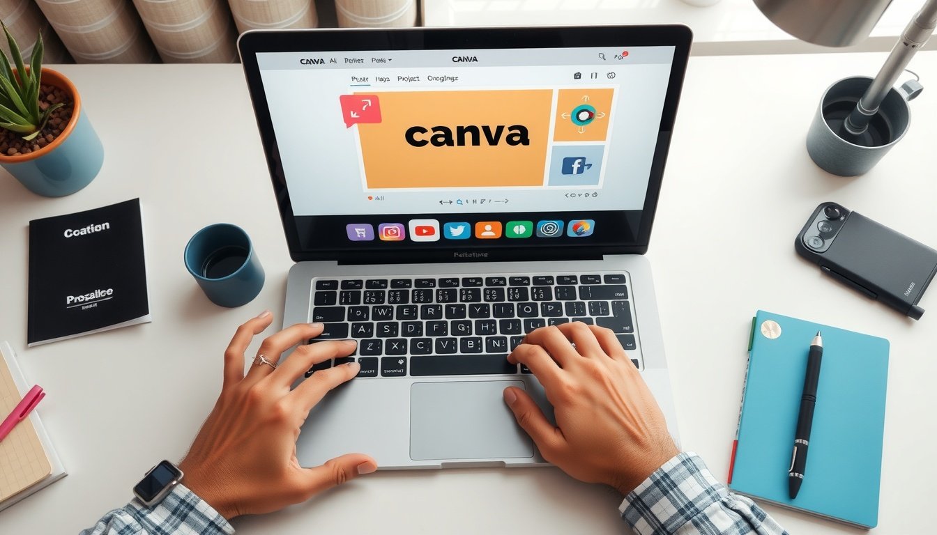 캔바 사용법 포스터 - flat lay of laptop showing Canva poster design interface on screen, with colorful design elements and notebook on white desk