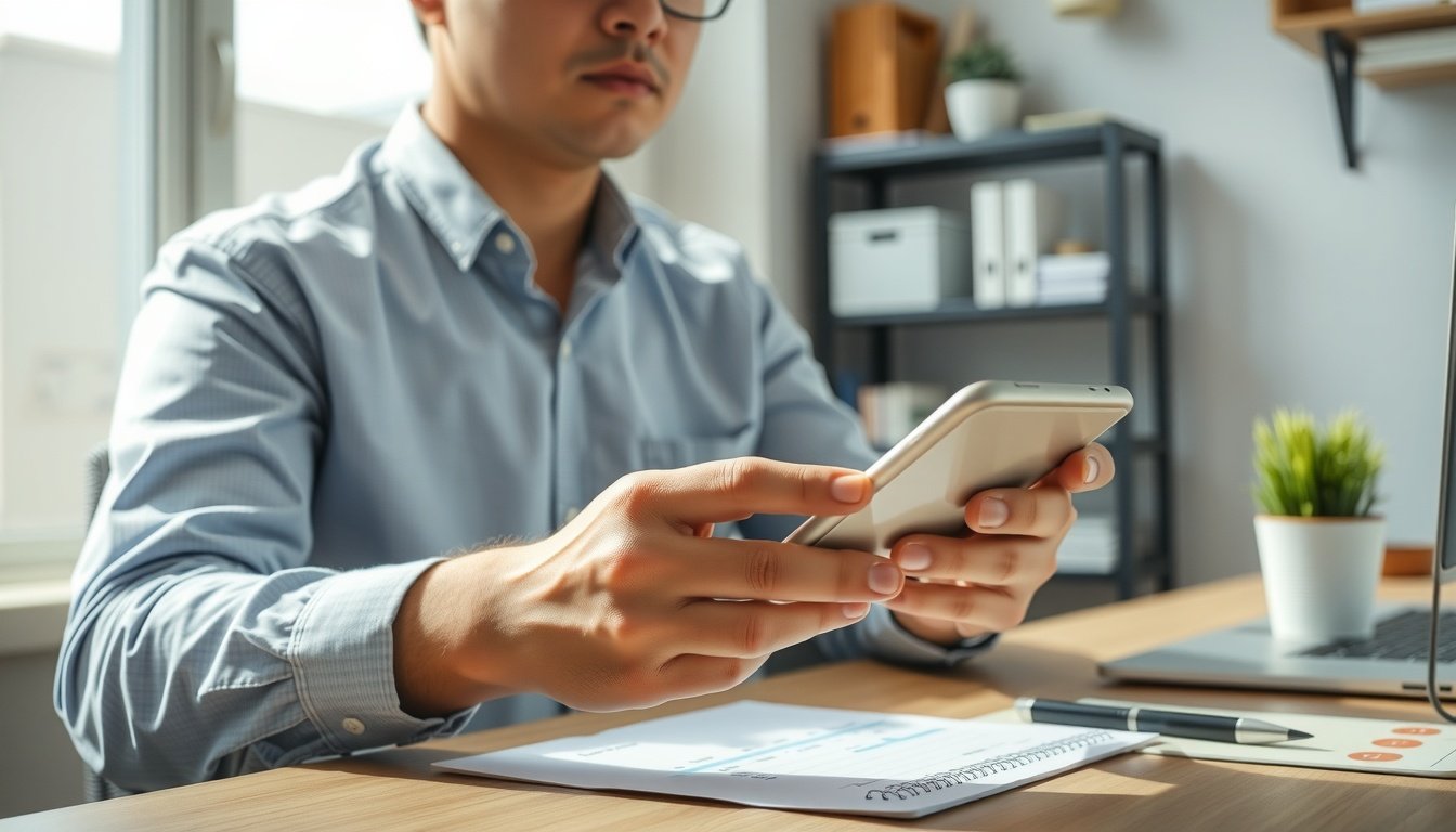 부동산 대출계산기 - Korean man upper body shot with face visible, using smartphone loan calculator app at home desk, natural hands