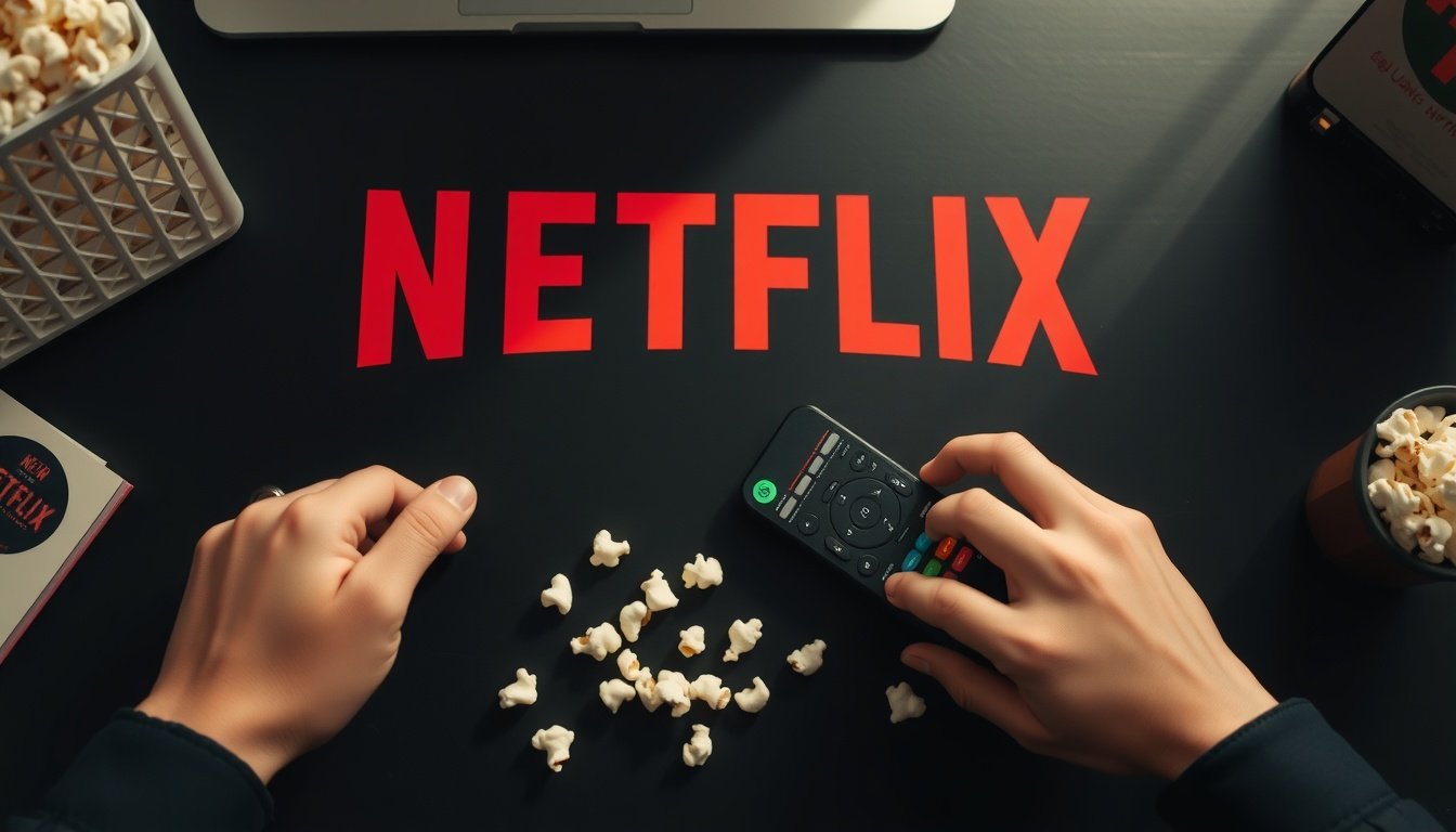 넷플렉스요금 - flat lay of remote control and popcorn on dark background with Netflix logo concept, streaming service subscription plan comparison