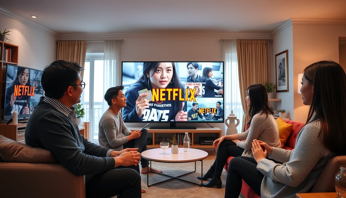 넷플렉스요금 - Korean family watching Netflix on large smart TV in living room, full body shot with faces visible, warm home atmosphere
