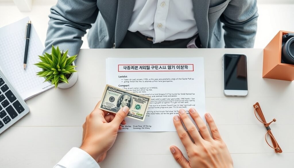 소상공인 지원금 지원금 - flat lay of small business owner's desk with cash, receipt, and government support document, South Korea small business support concept